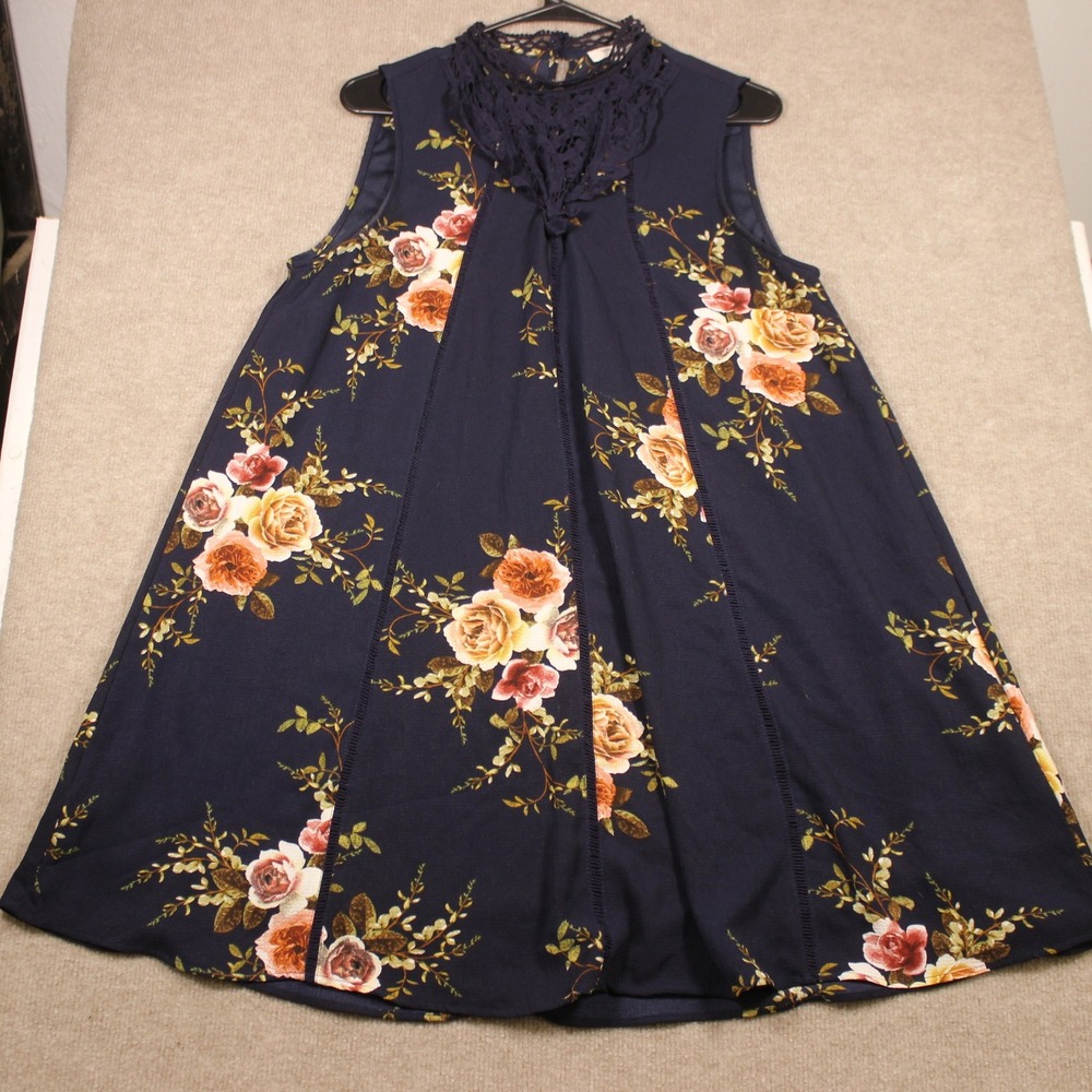 Umgee USA Navy Blue Floral Crochet Lace Neck Sleeveless Trapeze Dress Small